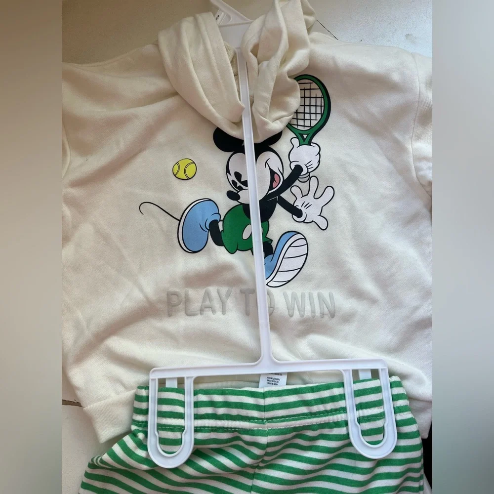 Disney Mickey Mouse White Hoodie and Green Striped Shorts Set